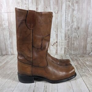 Acme Mens Vintage Leather Roper Western Boots Square Toe Brown Made in USA 7.5D